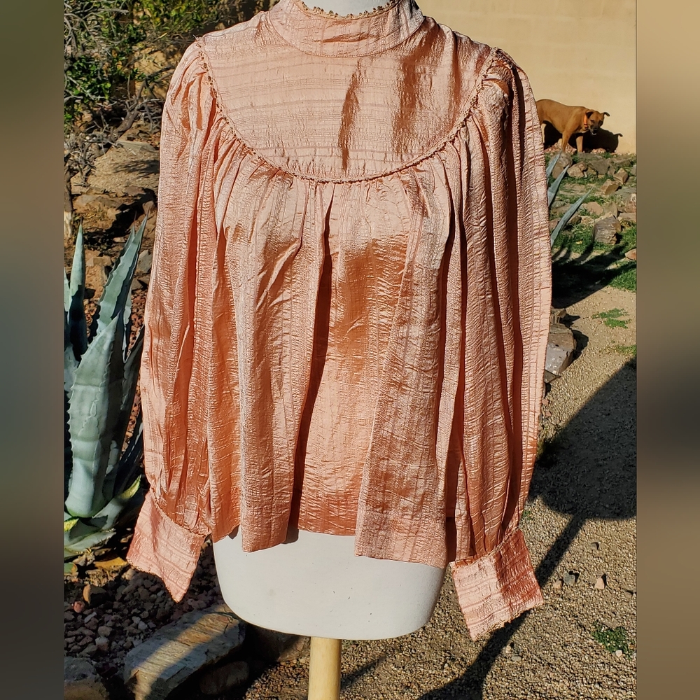 Ulla Johnson Edda Peach Rose Silk Beaded Mock Neck Longsleeve Puff Blouse sz 6